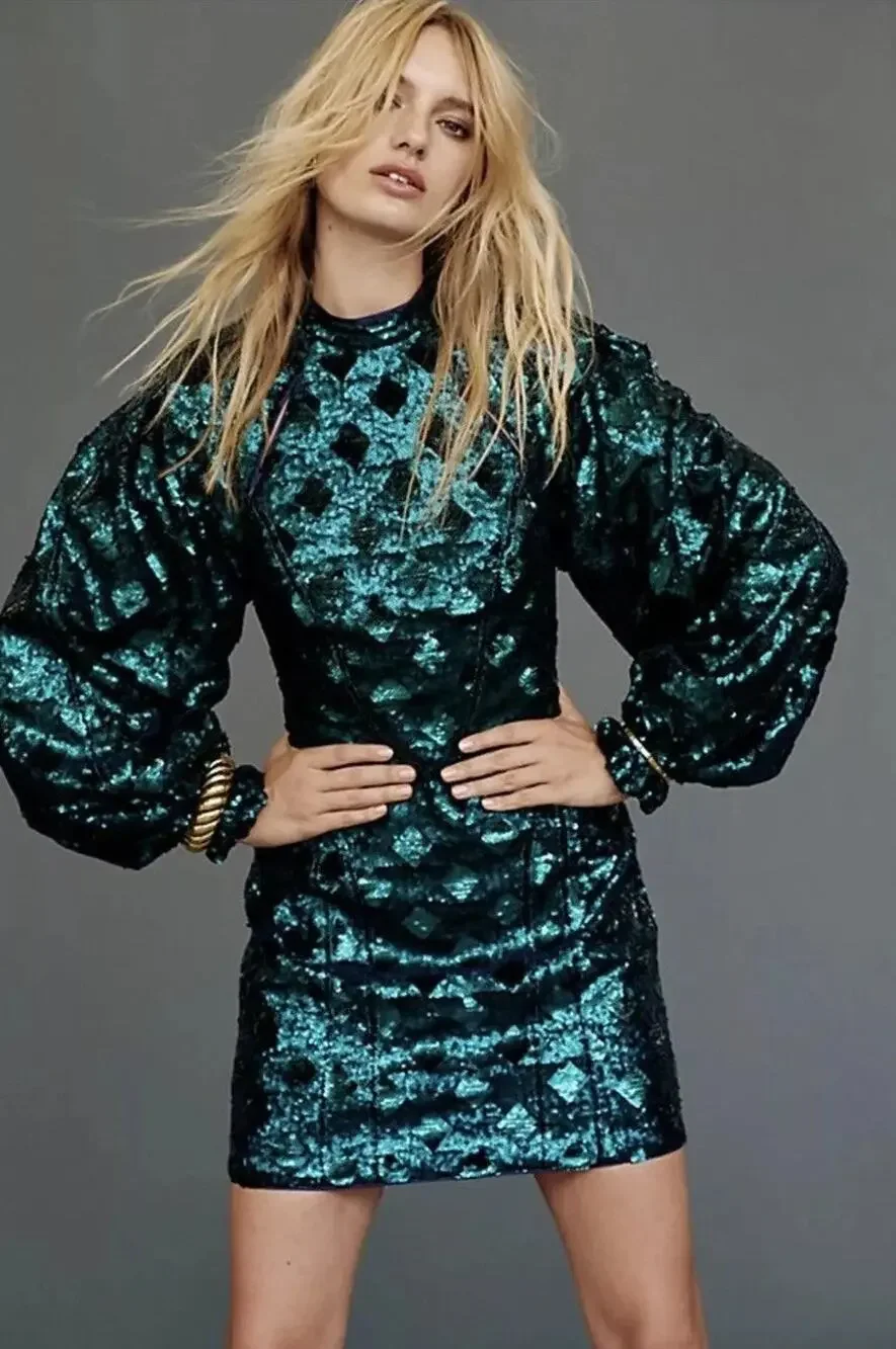 NWOT Free People Chante's Holiday Sequin Embellished Cut Out Mini Dress Forest 2
